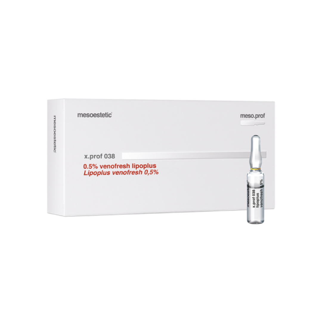 Mesoestetic X.Prof 038 Venofresh Lipoplus box with a single ampoule, 20 x 2ml, toning and firming solution for skin.