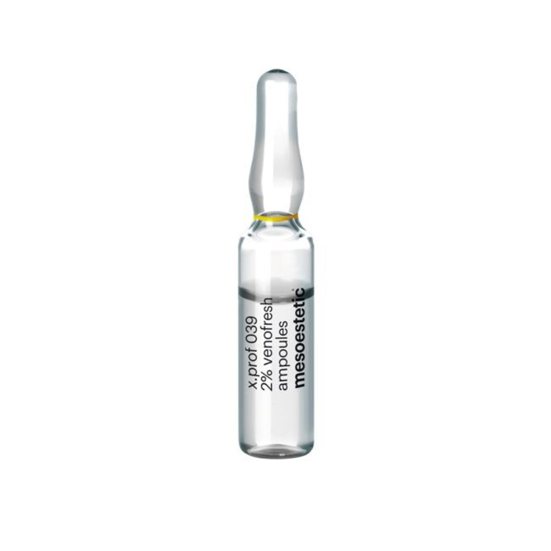 Single Mesoestetic X.Prof 039 Venofresh Lipoplus ampoule, 2ml, toning and firming solution for vascular skin issues.