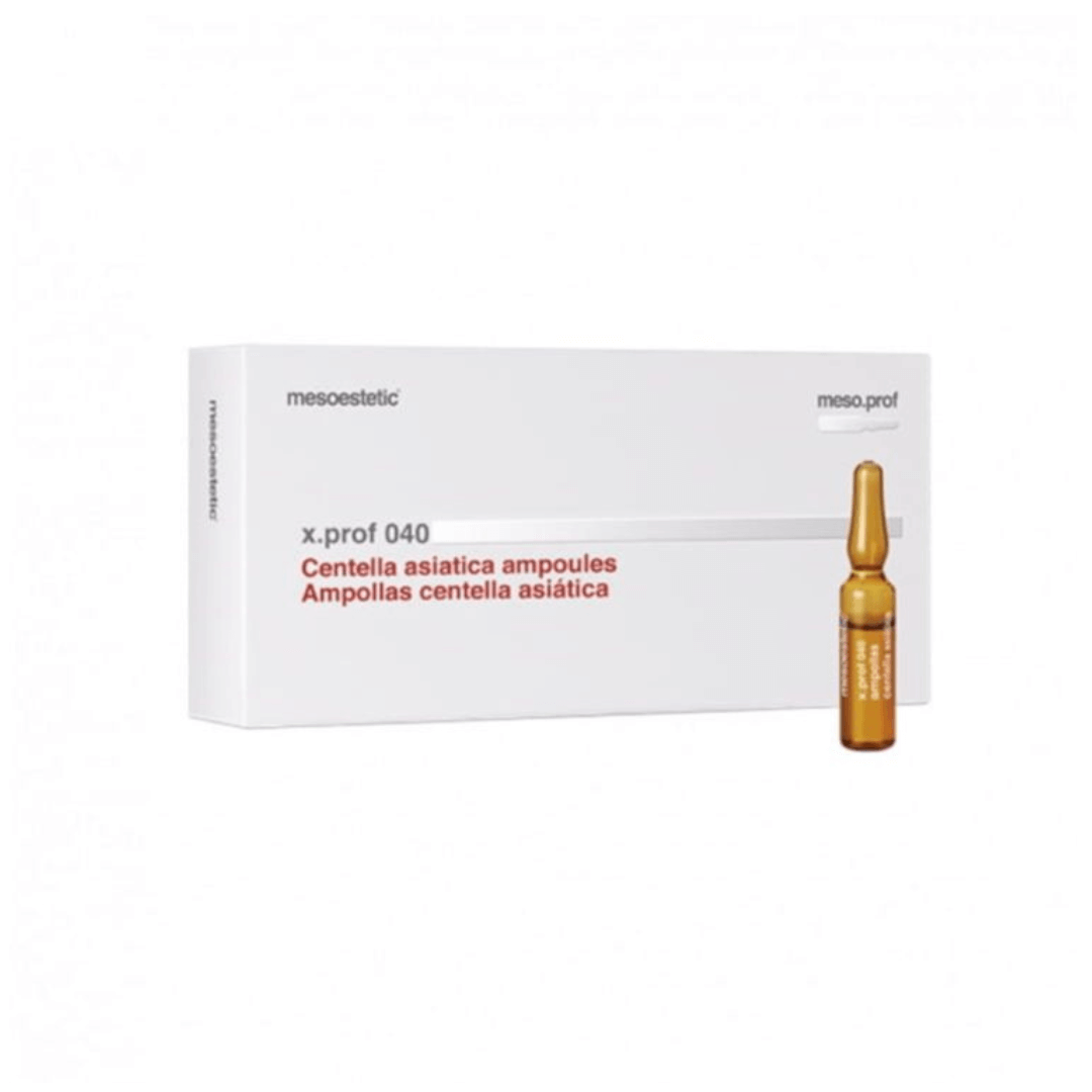 White box of Mesoestetic X.Prof 040 Centella Asiatica with a single amber ampoule, 20 x 2ml, on a white background.