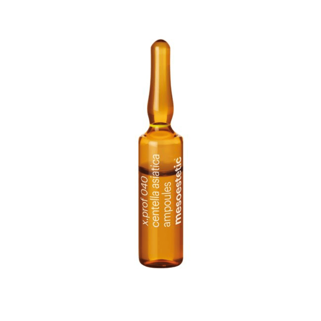 Single amber ampoule of Mesoestetic X.Prof 040 Centella Asiatica, 2ml, on a white background.