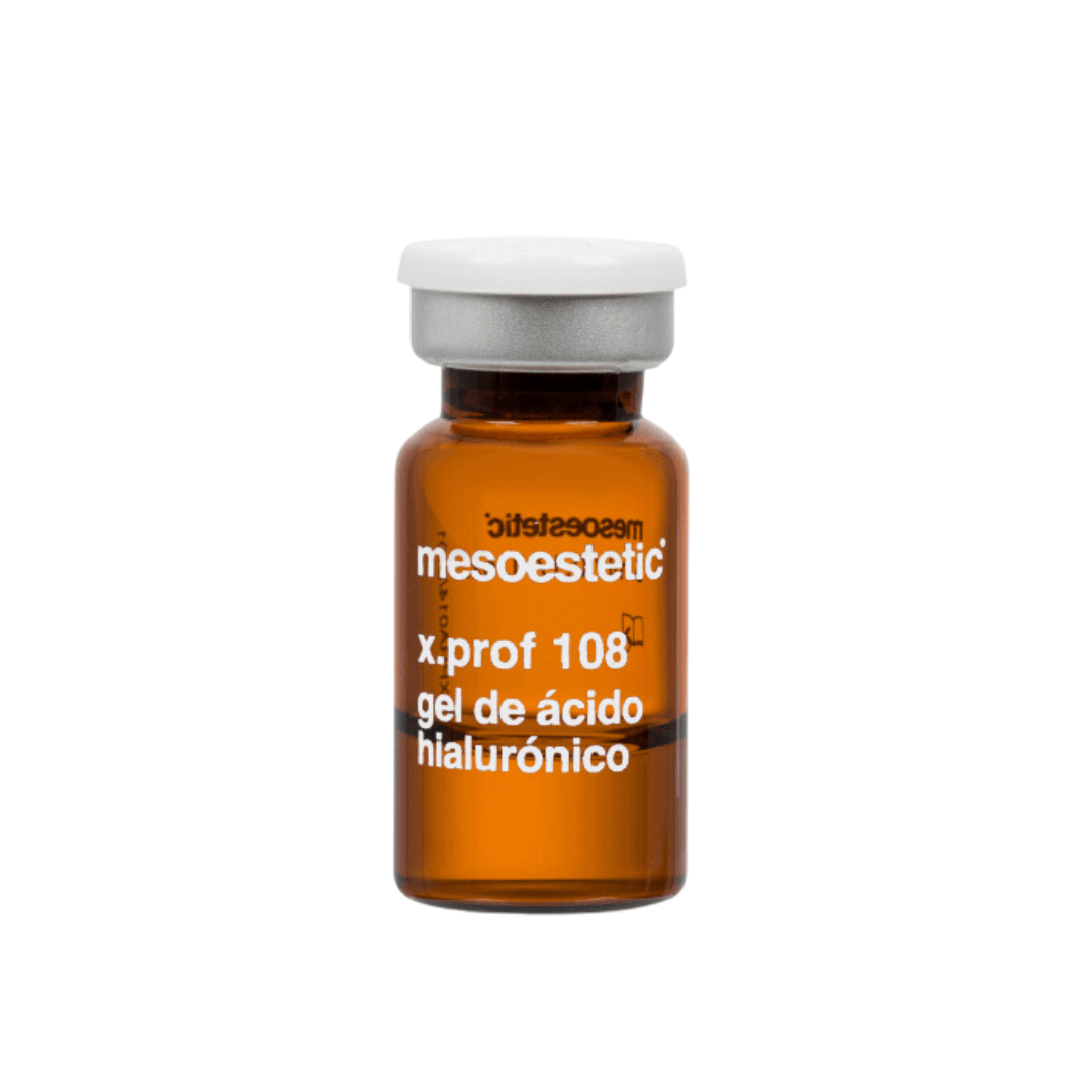 Single amber vial of Mesoestetic X.Prof 108 Hyaluronic Acid Gel, 5ml, with white cap, on a white background.