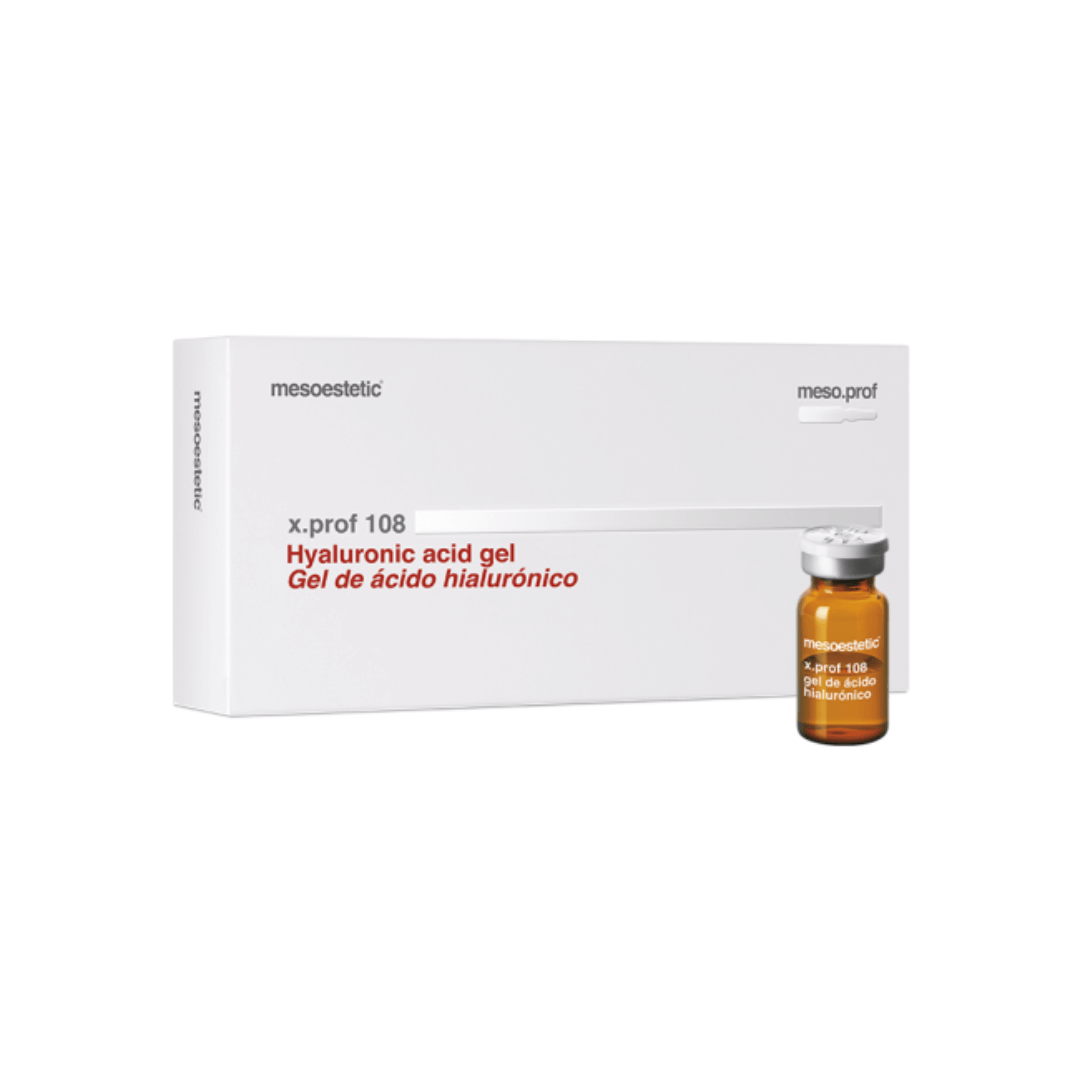 White box of Mesoestetic X.Prof 108 Hyaluronic Acid Gel with a single amber vial, 5 x 5ml, on a white background.