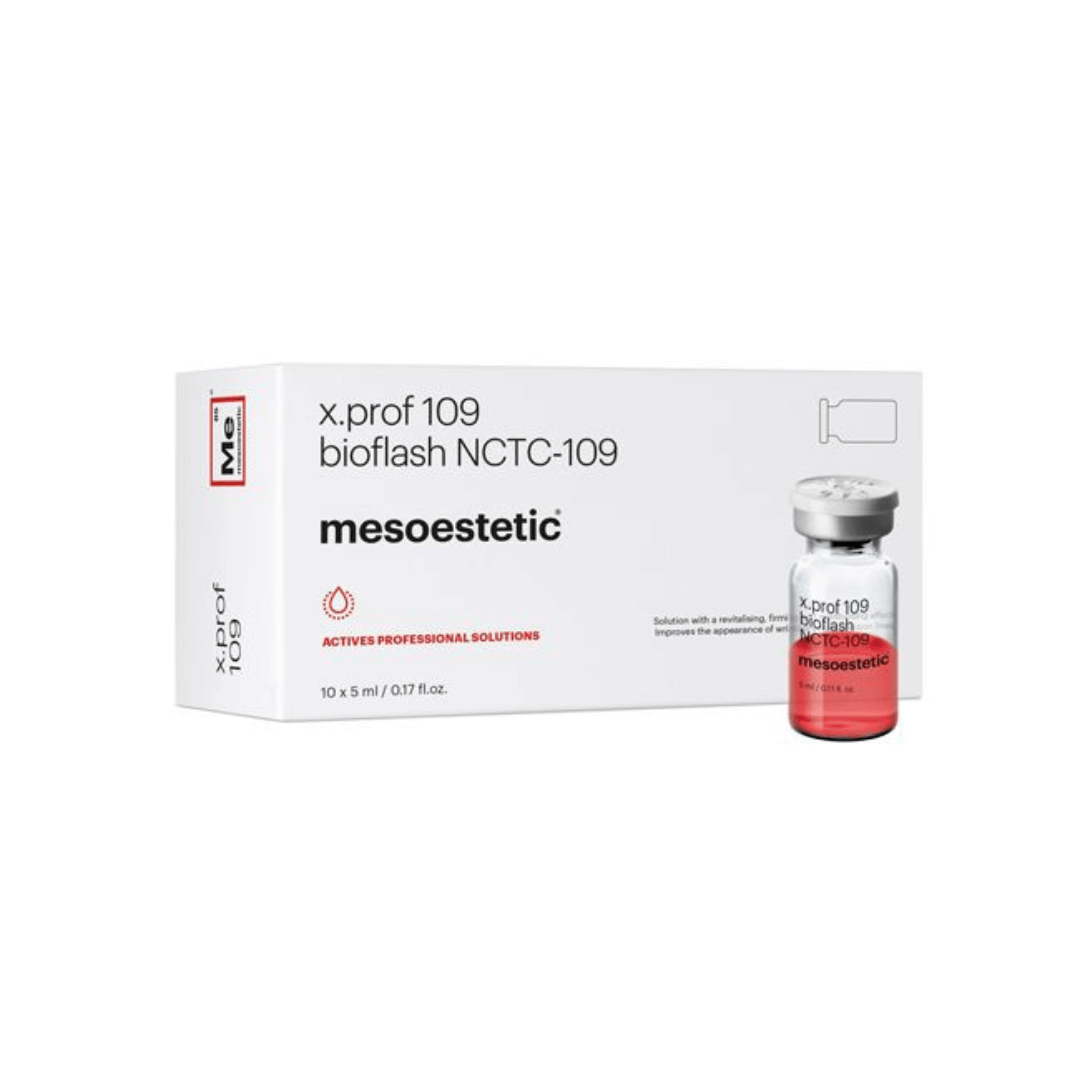 White box of Mesoestetic X.Prof 109 Bioflash NCTC-109 with a single clear vial containing red liquid, 10 x 5ml, energizing and moisturizing skin solution.