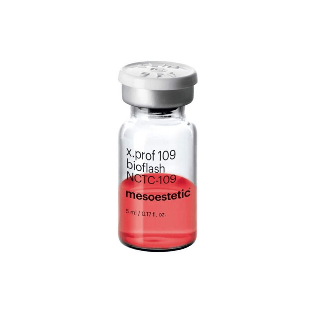 Single clear vial of Mesoestetic X.Prof 109 Bioflash NCTC-109 with red liquid, 5ml, revitalizing skin treatment.