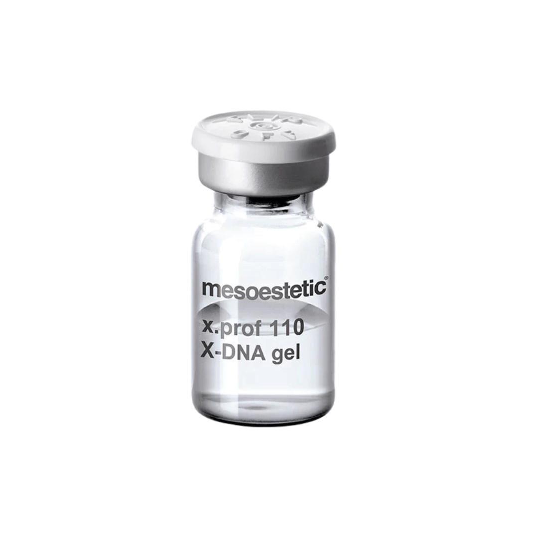 Single clear vial of Mesoestetic X.Prof 110 X-DNA Gel, 2.5ml, moisturizing gel for volume, firmness, and skin elasticity.