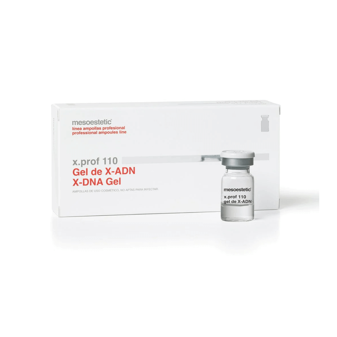 White box of Mesoestetic X.Prof 110 X-DNA Gel with a single clear vial, 5 x 2.5ml, improves dehydrated and aging skin.