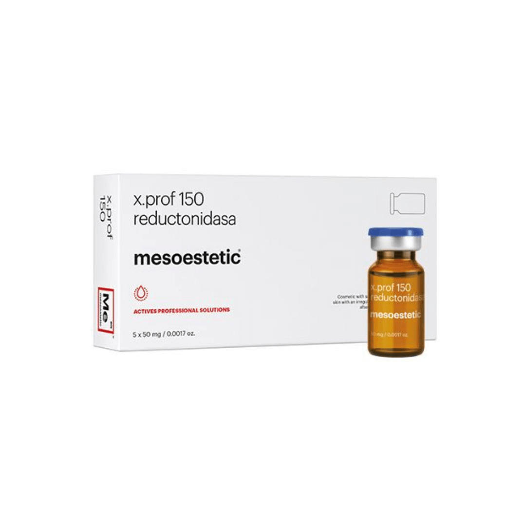 White box of Mesoestetic X.Prof 150 Reductonidasa with a single amber vial, 5 x 50mg, helps regenerate treated skin.