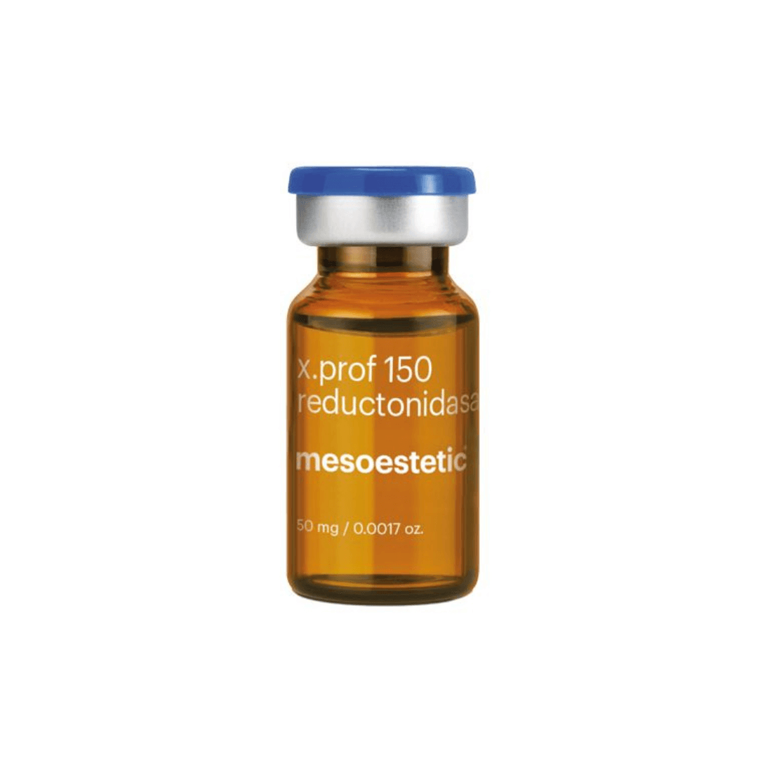 Single amber vial of Mesoestetic X.Prof 150 Reductonidasa, 50mg, with blue cap, for skin softening and firming.