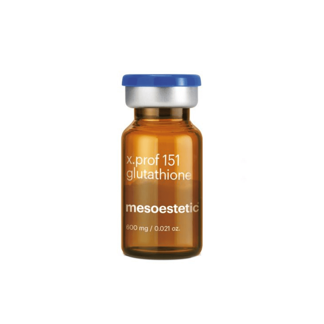 Single amber vial of Mesoestetic X.Prof 151 Glutathione, 600mg, with blue cap, antioxidant and illuminating effect.