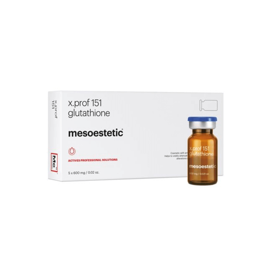 White box of Mesoestetic X.Prof 151 Glutathione with a single amber vial, 5 x 600mg, smooths skin tone and reduces pigmentation.