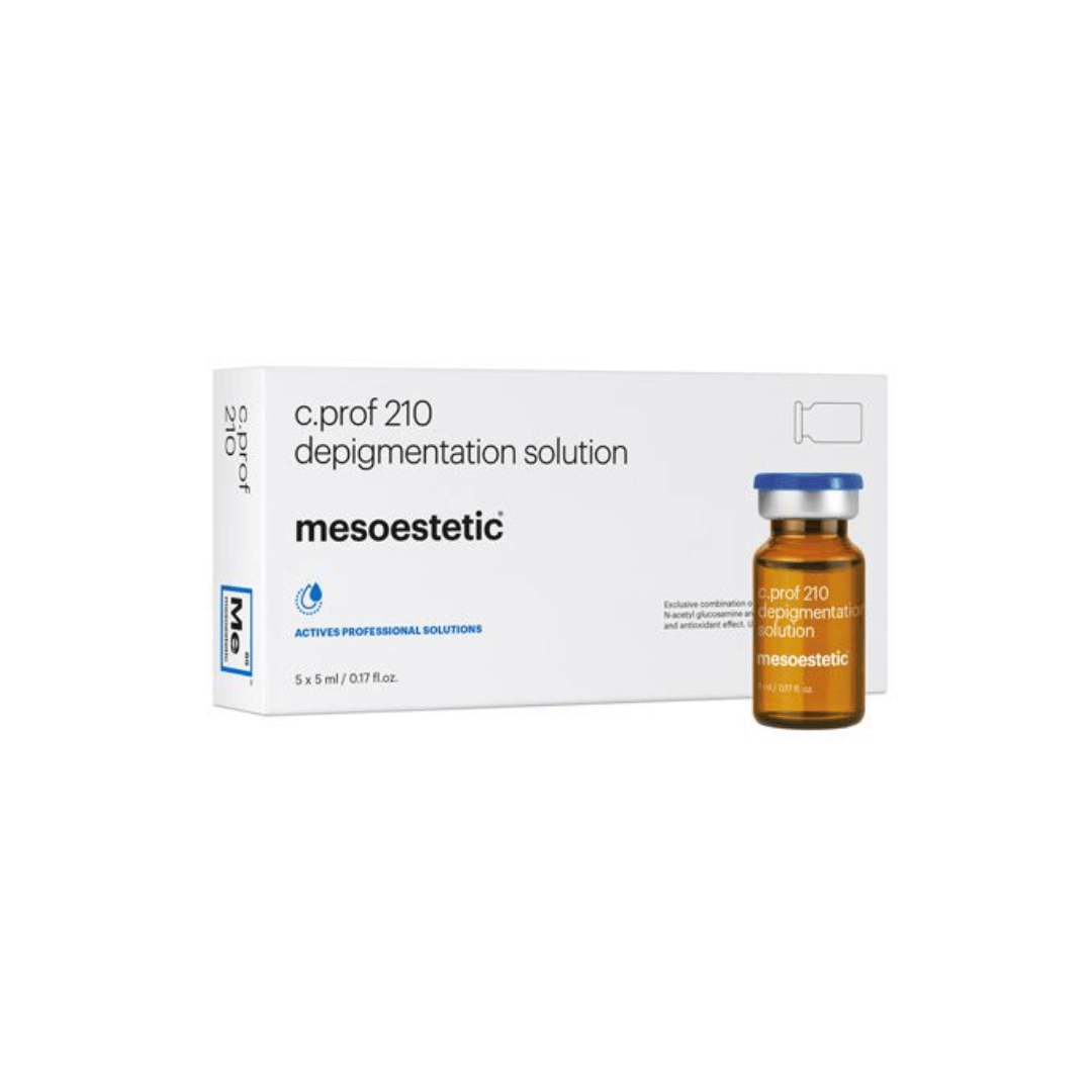 Mesoestetic C.Prof 210 Depigmentation Solution, 5 x 5ml vials, in packaging, addresses uneven skin pigmentation and promotes overall skin vitality.