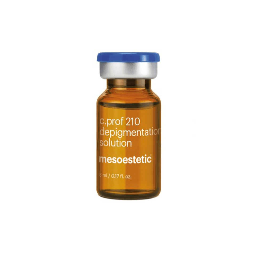 Single vial of Mesoestetic C.Prof 210 Depigmentation Solution, 5ml, balances skin tone and enhances brightness.