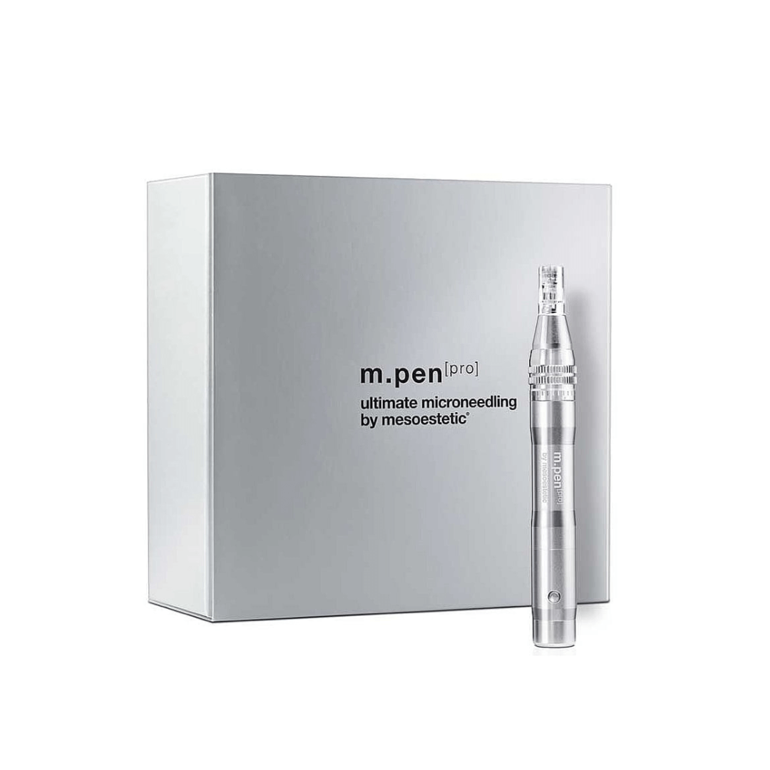 Mesoestetic m.pen [pro] ultimate microneedling device in packaging, features ergonomic, wireless design with multiple speeds and micro-needles for precise skin treatment.