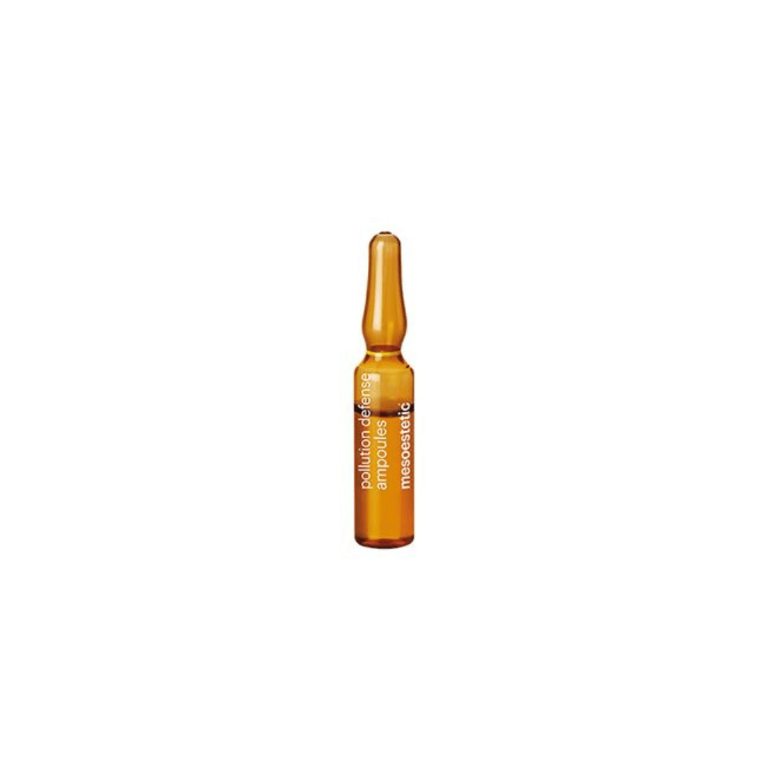 Single Mesoestetic Pollution Defense Ampoule, an antioxidative and anti-pollution solution in a 2ml vial.