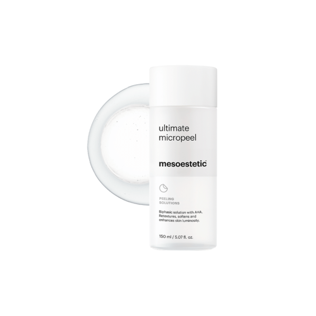 150ml bottle of Mesoestetic Ultimate Micropeel, exfoliates and renews skin with AHA for enhanced radiance.