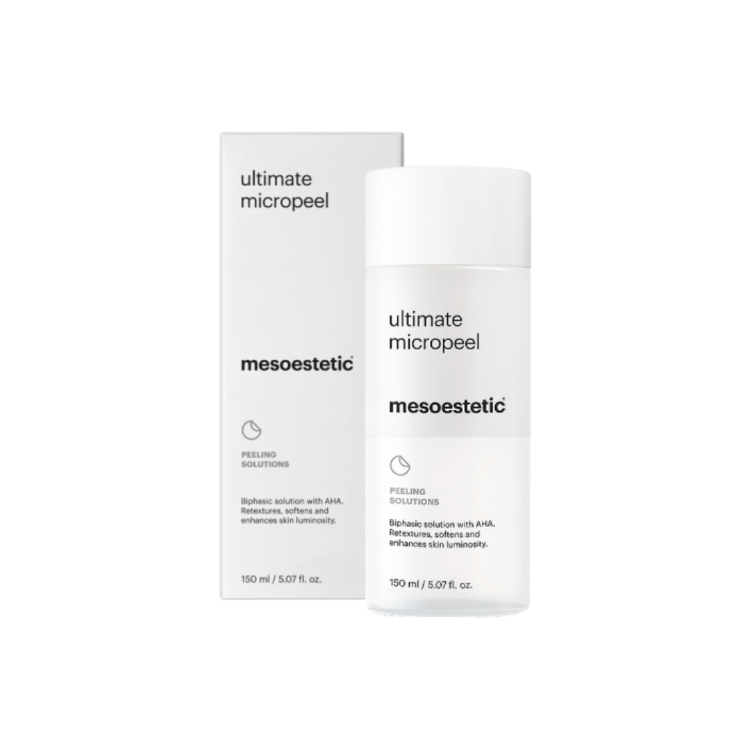 150ml Mesoestetic Ultimate Micropeel with AHA, shown with bottle and box for exfoliating and renewing skin.