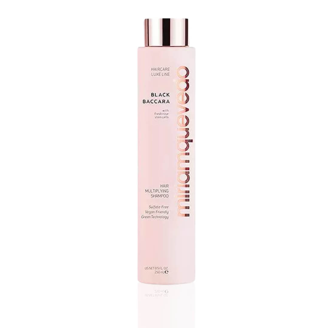 Pink bottle of MiriamQuevedo Black Baccara Hair Multiplying Shampoo, 250ml, premium vegan shampoo for hair growth and rejuvenation.