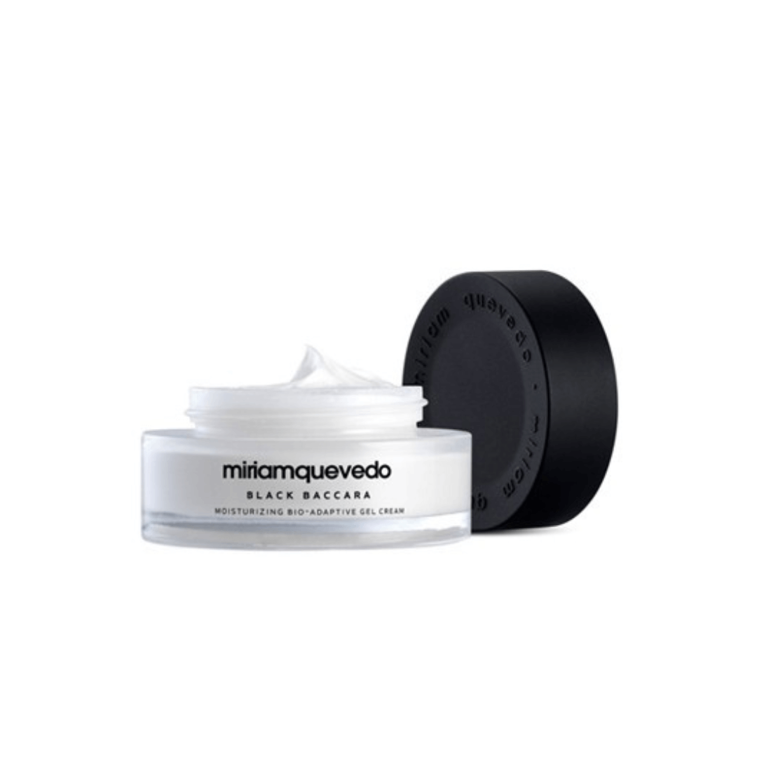 Open jar of MiriamQuevedo Black Baccara Moisturizing Bio-Adaptive Gel Cream, 60ml, ultra-light deep hydration for oily skin.