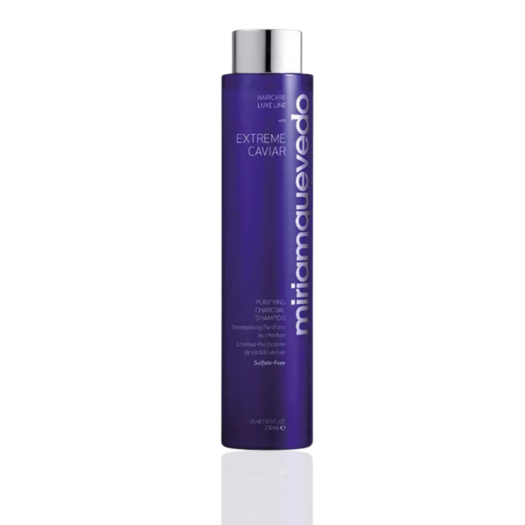 Blue bottle of MiriamQuevedo Extreme Caviar Purifying Charcoal Shampoo, 250ml, for oily hair, caviar and charcoal formula.