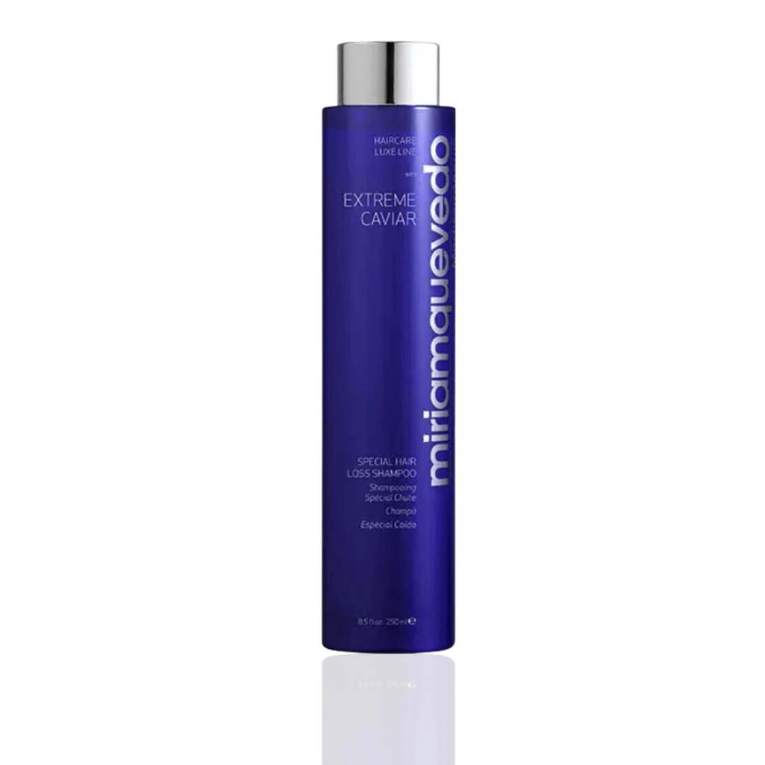 MiriamQuevedo Extreme Caviar Special Hair Loss Shampoo 250ml bottle, deep blue with silver cap, luxurious hair strengthening.