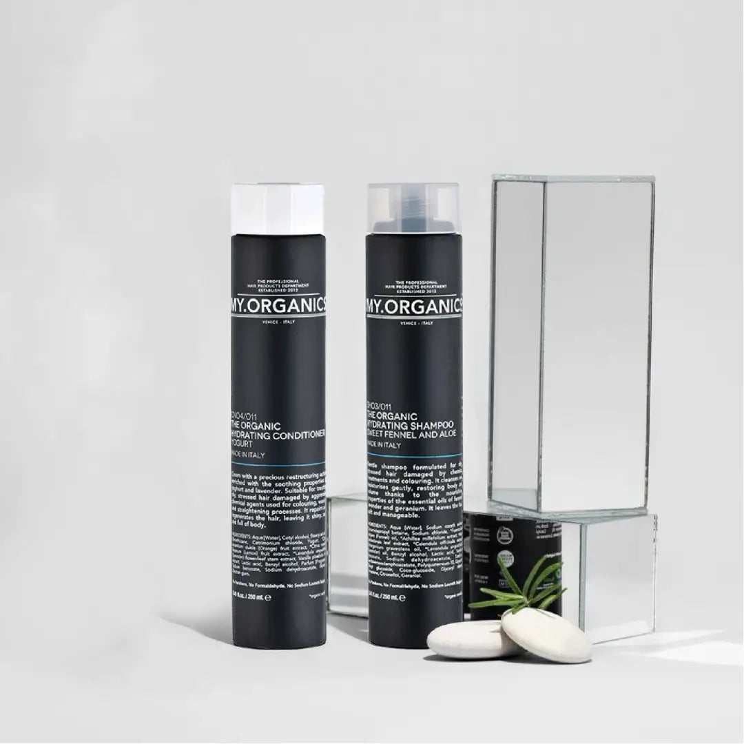 My Organics Hydrating Conditioner and Shampoo, 250ml black bottles with white caps, for dry, damaged hair.