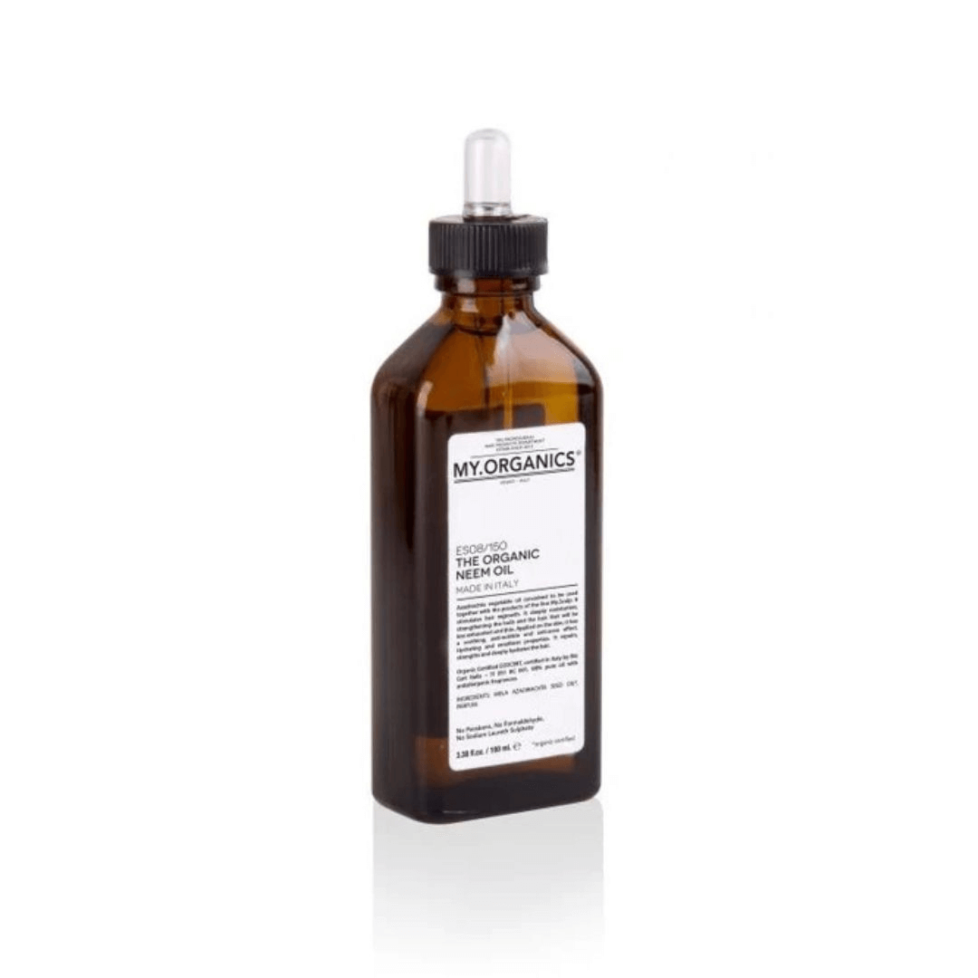 My Organics Neem Oil 100ML, a brown glass bottle with a dropper, perfect for skin and hair care.