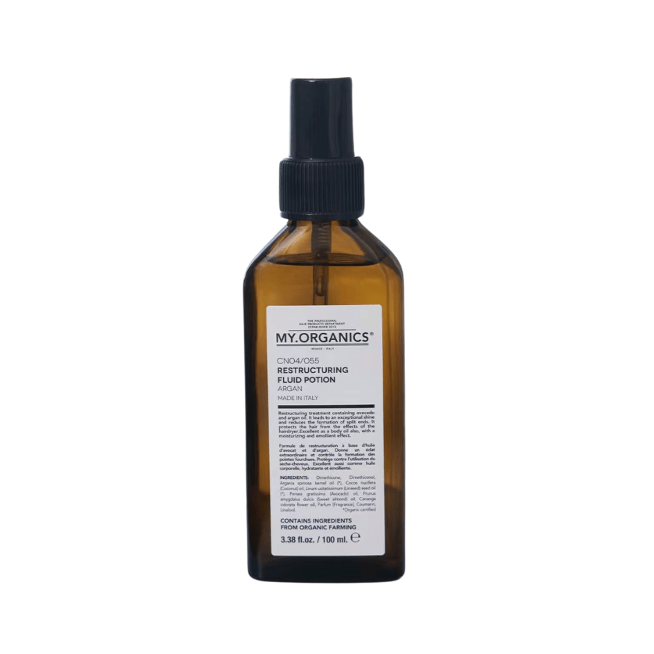 My Organics Restructuring Argan Oil 100ml in a brown spray bottle.