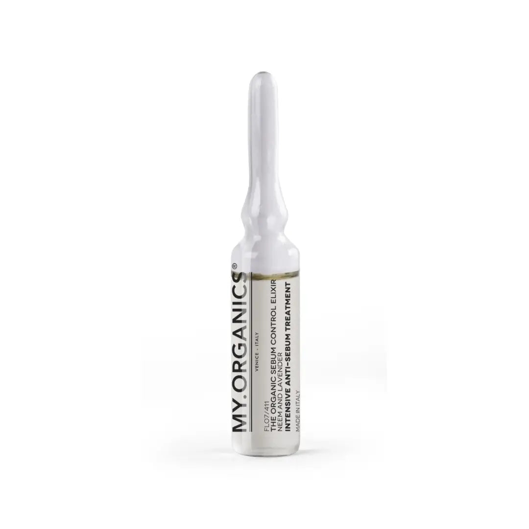 Close-up of My Organics Sebum Control Elixir vial, 6ml, for reducing scalp oiliness and enhancing hair hydration.