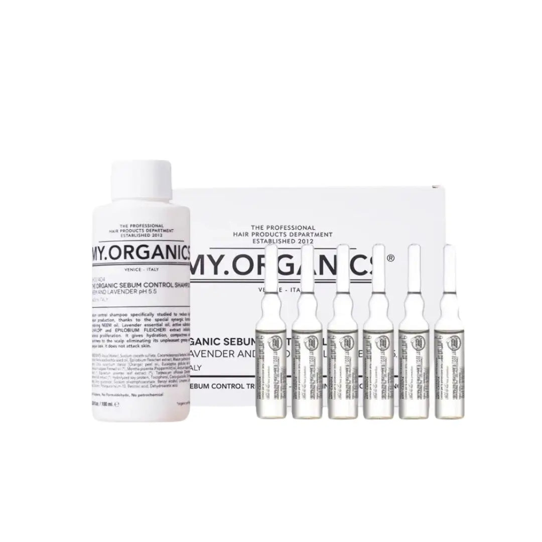 My Organics Sebum Control kit with six 6ml elixirs and one 100ml shampoo bottle for oily scalp care.