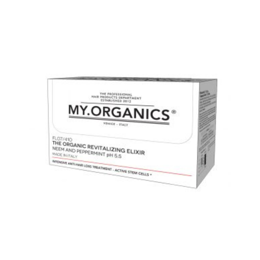 My Organics Revitalizing Elixir box packaging for neem and peppermint hair treatment.