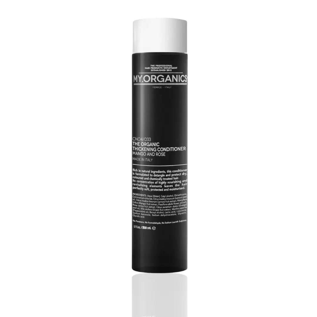 My Organics Thickening Conditioner in a black bottle, 250ML, for dry and treated hair.