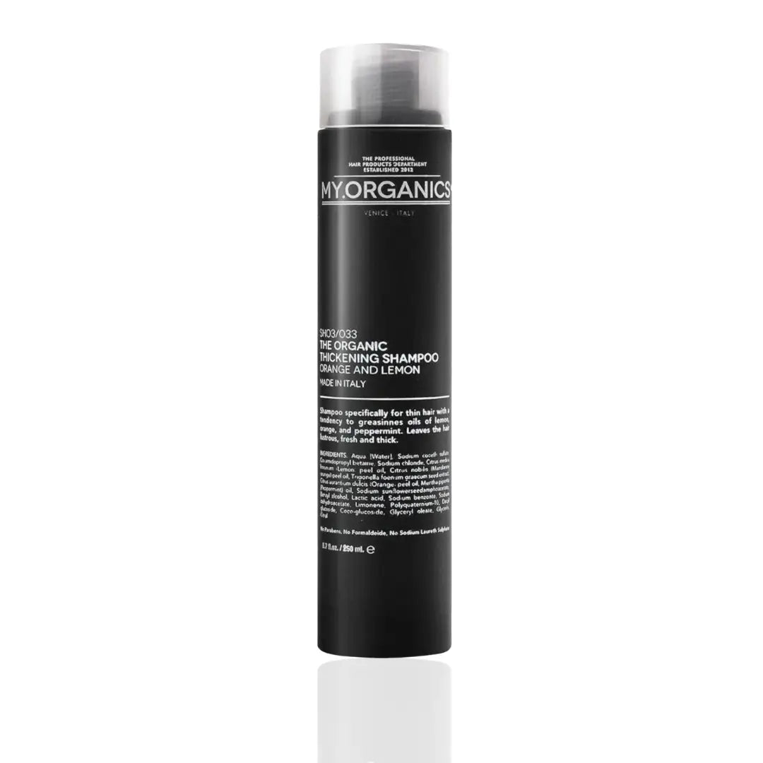 My Organics Thickening Shampoo 250ML in a black bottle for purifying fine oily hair.