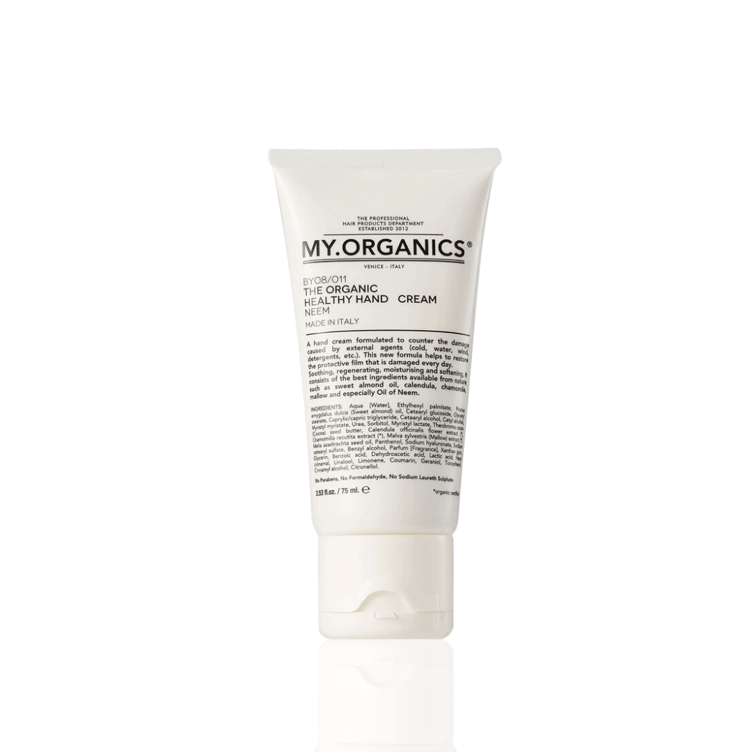 Close-up of a 75ml white tube of My Organics Healthy Hands Cream, protective and moisturizing hand cream.