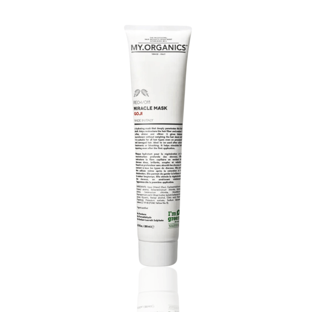 Close-up of a 200ml white tube of My Organics Miracle Mask, deep hydration hair mask for soft, shiny hair.