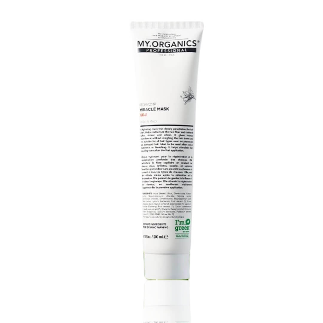 200ml white tube of My Organics Miracle Mask for deep hydration and repair of processed and damaged hair.