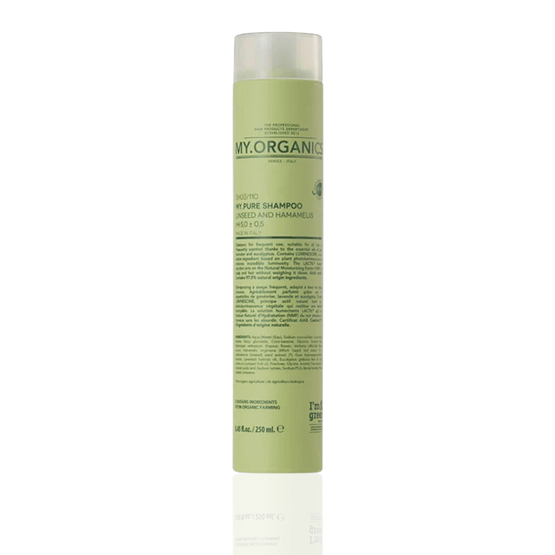 250ml green bottle of My Organics My Pure Shampoo with clear cap, enriched with juniper, lavender, and eucalyptus.