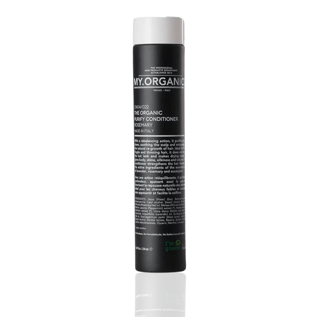 My Organics Purifying Conditioner, 250ml bottle in black, highlighted with white text, designed to cleanse and revitalize hair and scalp with rosemary.