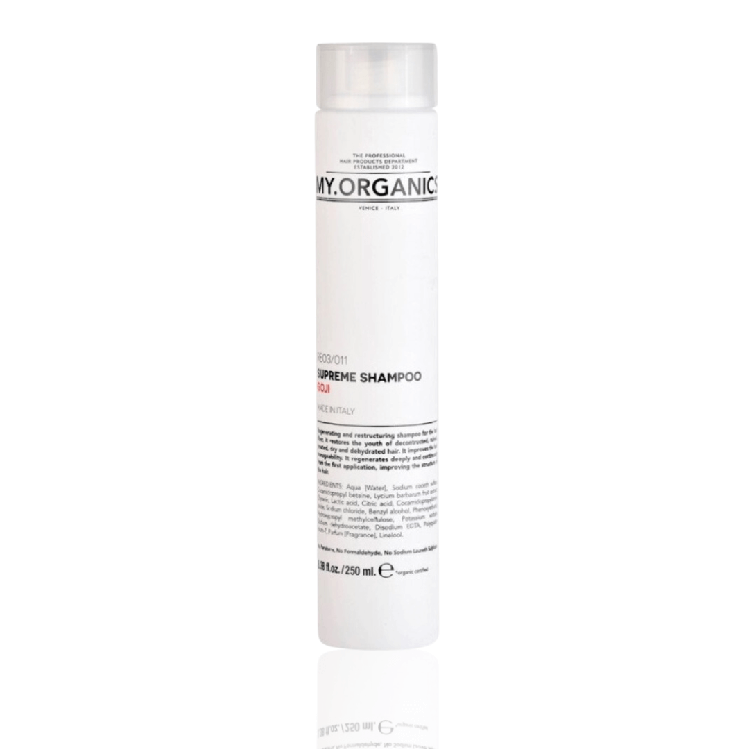 My Organics Supreme Shampoo 250ML bottle, a salon-grade shampoo with Goji extract for deep hair regeneration and nourishment.