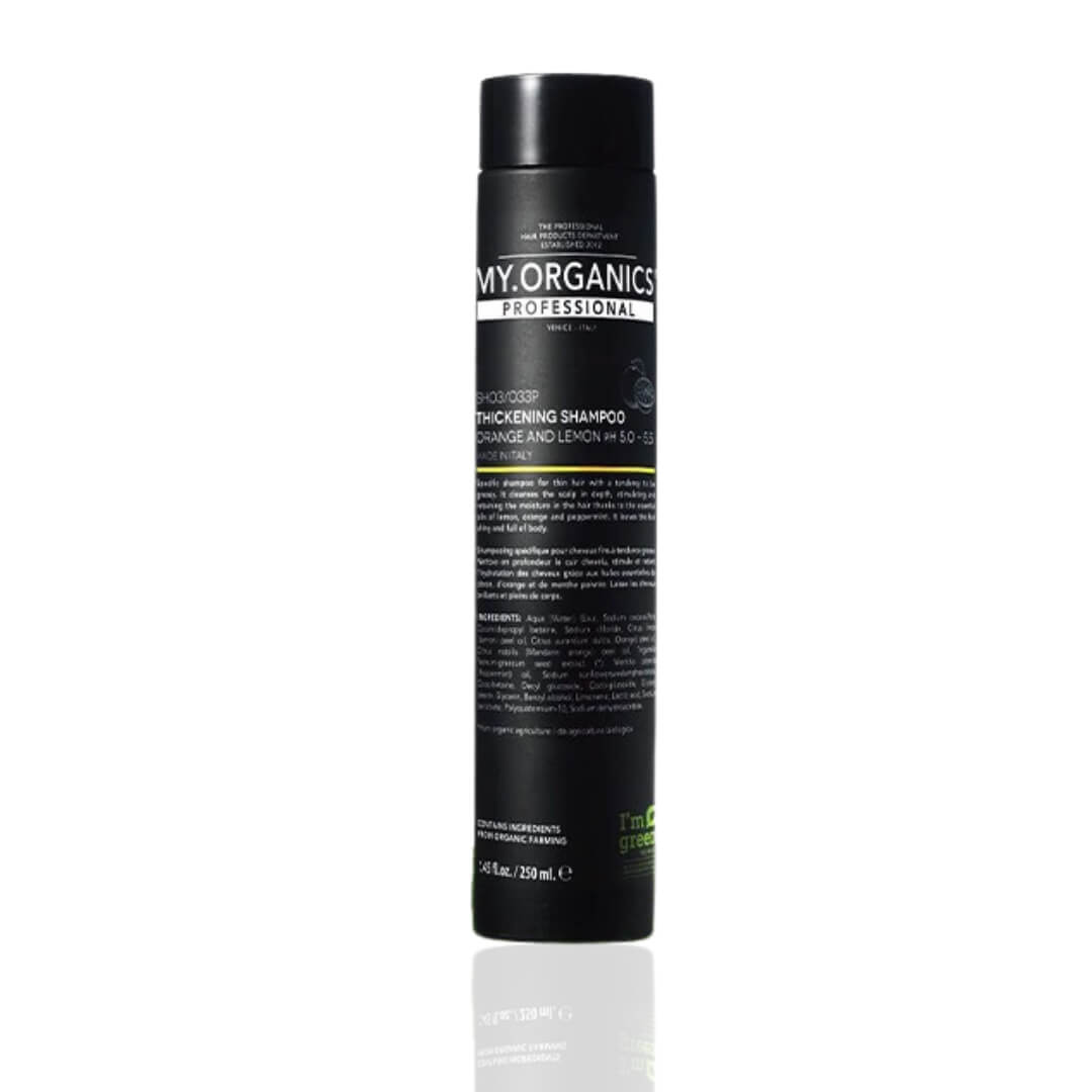 My Organics Thickening Shampoo in a black bottle, 250ML, for fine and oily hair.