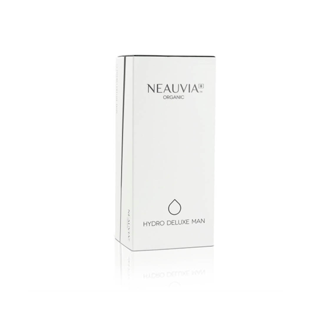 Neauvia Organic Hydro Deluxe Man box packaging, containing two 1ML syringes for men's skin hydration and fine line treatment.