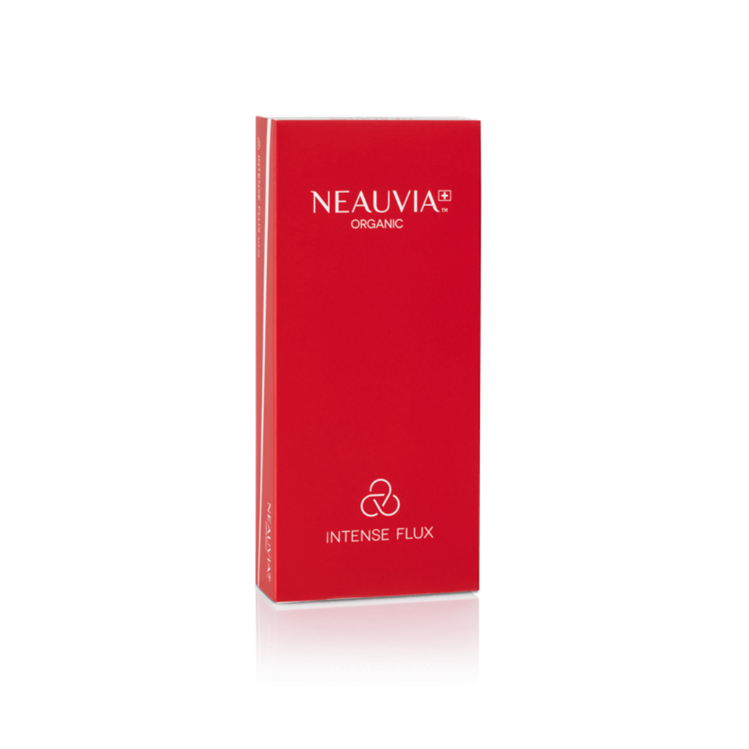 Neauvia Organic Intense Flux red box packaging, containing one 1ML syringe for deep tissue restoration and facial contouring.