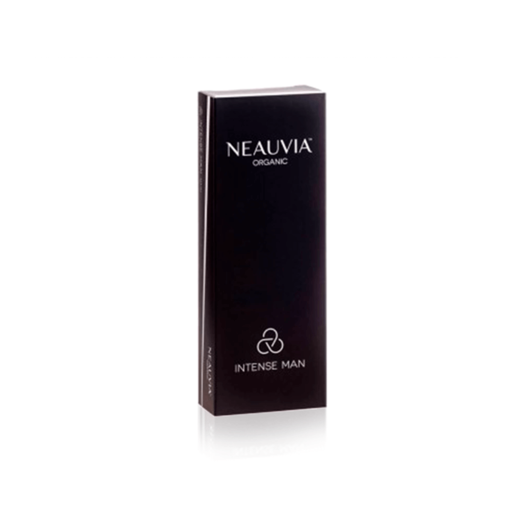 Neauvia Organic Intense Man black box packaging, containing one 1ML syringe for treating deep wrinkles and adding volume to men's skin.