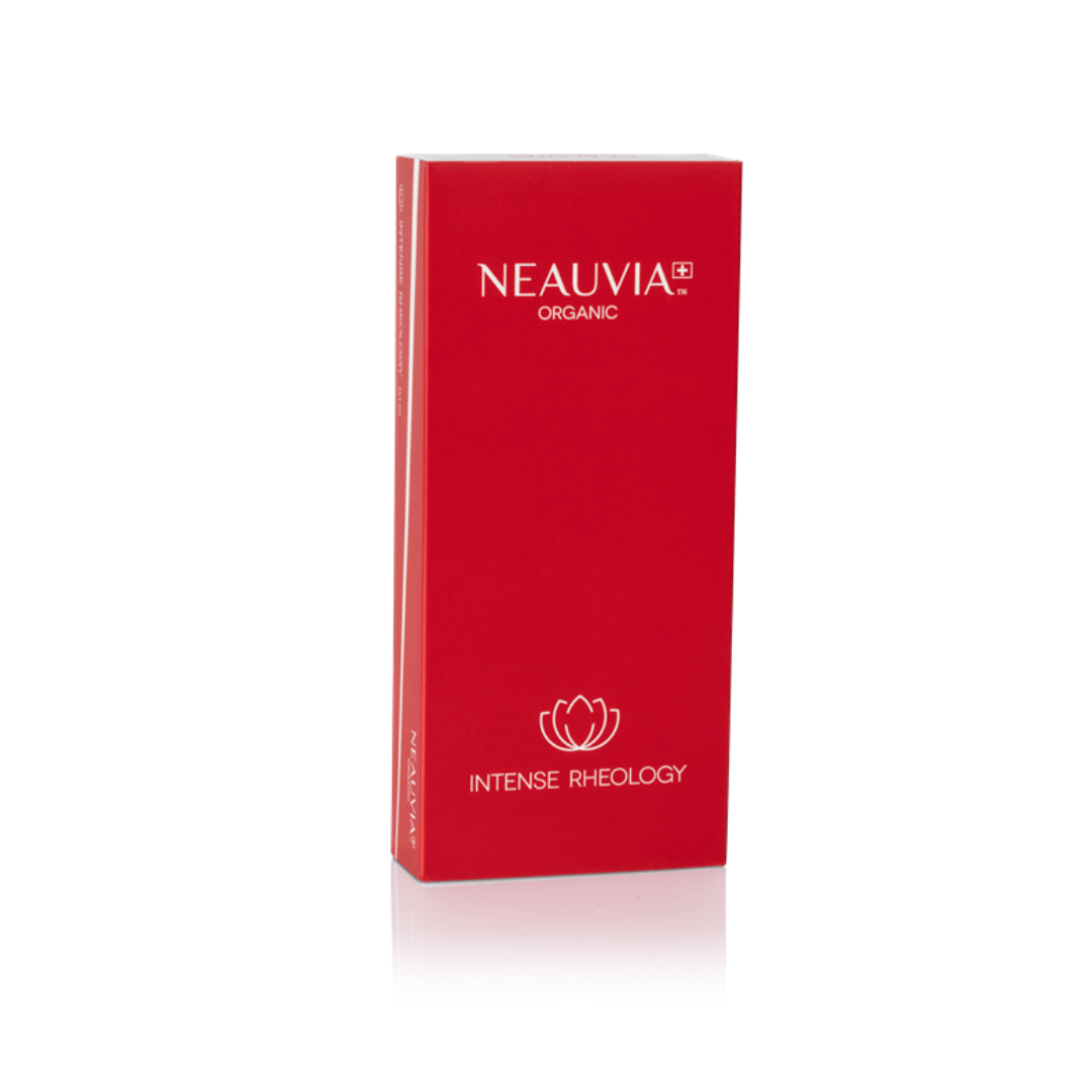 Neauvia Organic Intense Rheology red box packaging, containing one 1ML syringe for correcting fine lines and light lip enhancement.