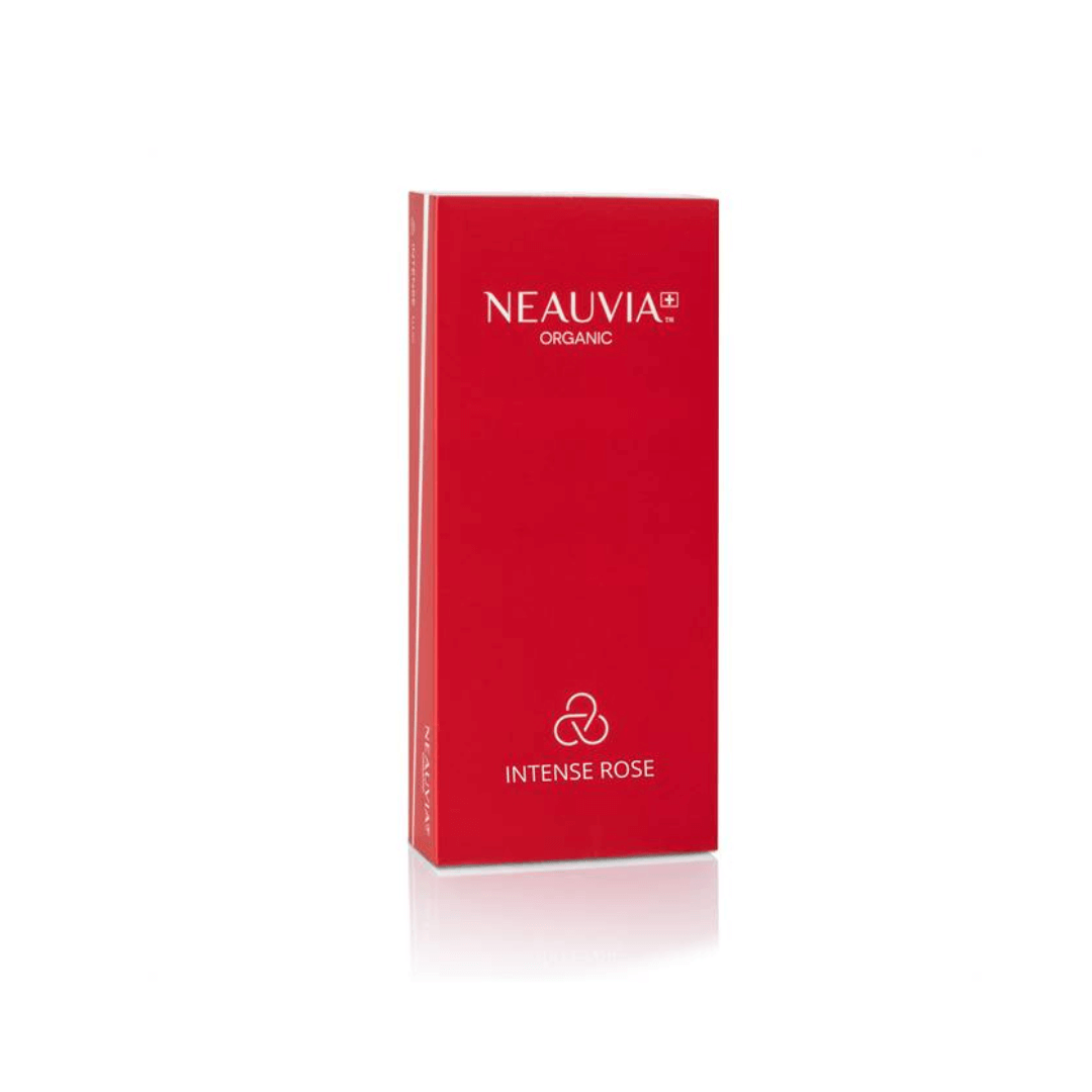 Neauvia Organic Intense Rose red box packaging, containing one 1ML syringe for vulvar atrophy correction and tissue augmentation.