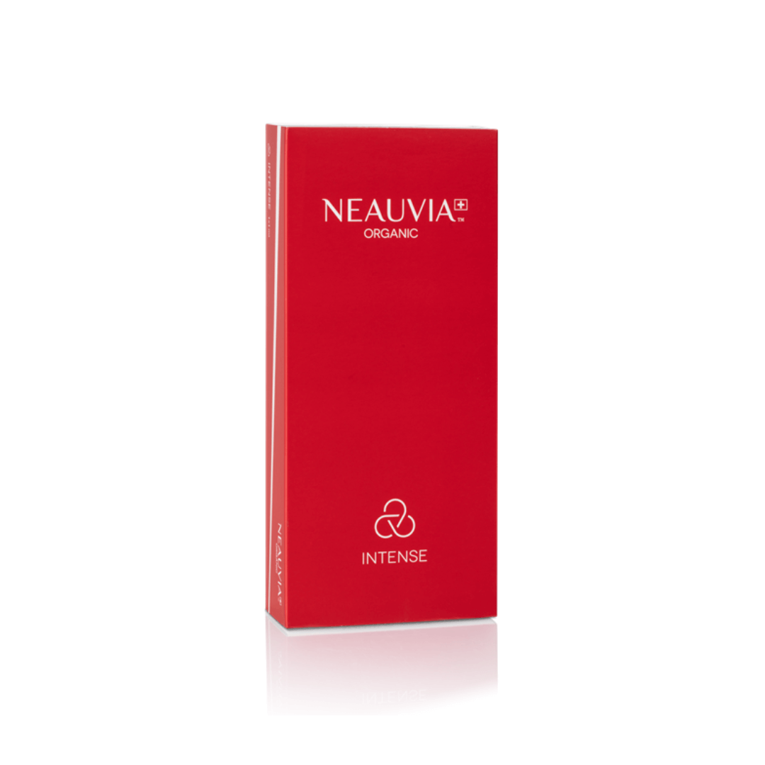 Neauvia Organic Intense red box packaging, containing one 1ML syringe for deep wrinkle filling and face contouring.