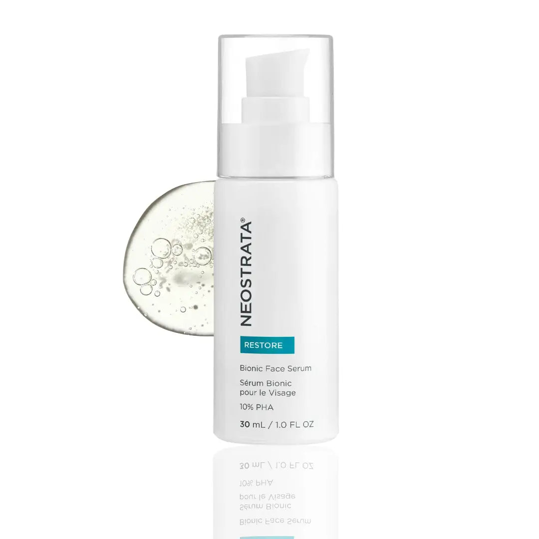 Neostrata Restore Bionic Face Serum bottle with a serum swatch, offering hydration and skin texture improvement in a 30ml size.