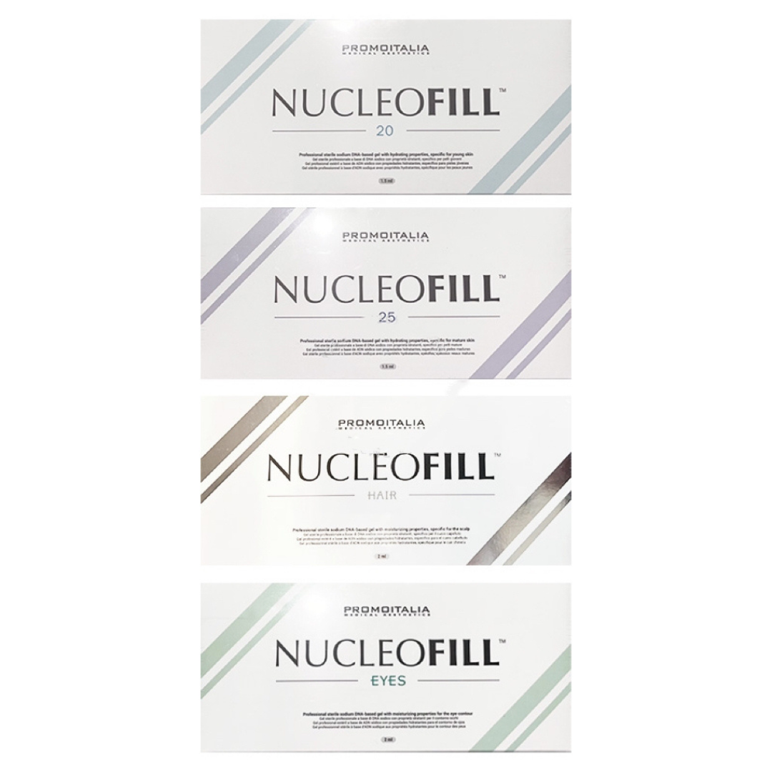 Nucleofill skincare range in white boxes, featuring 20, 25, Hair, and Eyes variants for targeted skin and hair benefits.