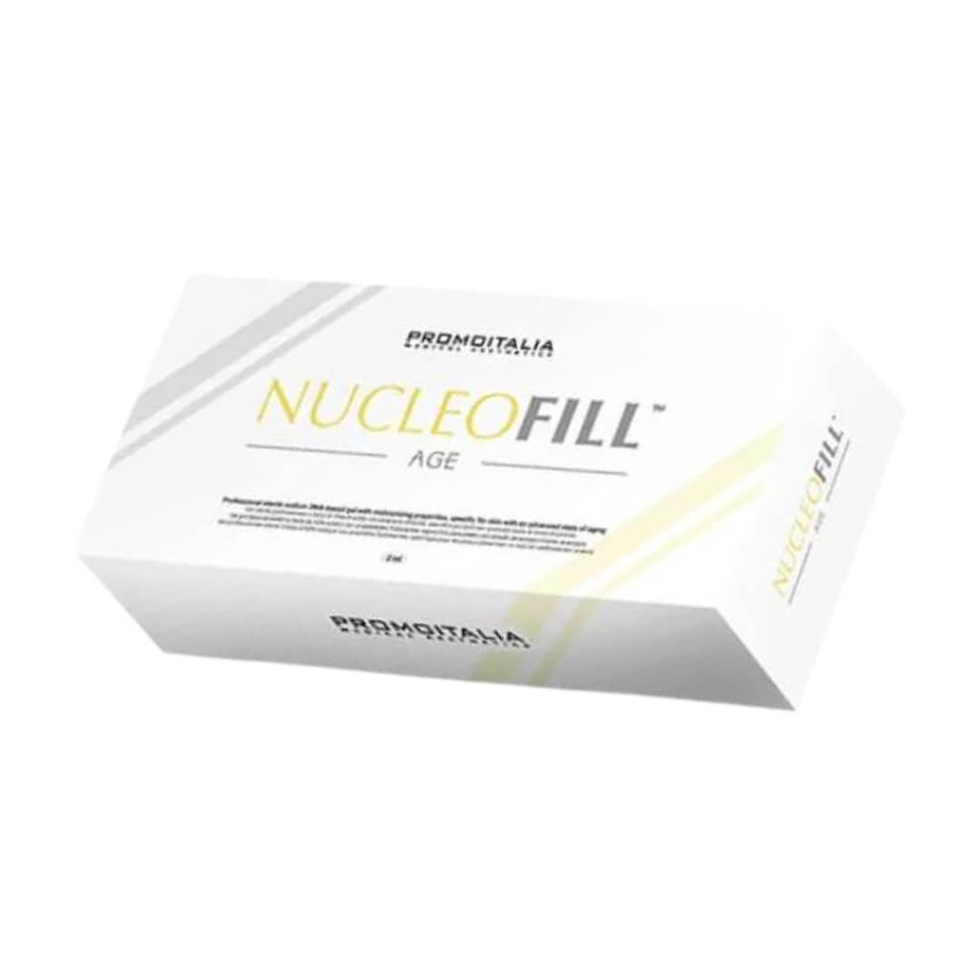 Box of Nucleofill Age sterile sodium DNA-based gel for advanced aging skin care, 2.5% concentration in 2ml, by Promoitalia