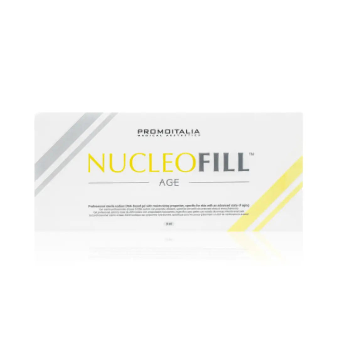 Nucleofill Age box featuring a sodium DNA-based gel for advanced skin aging, offering hydration and rejuvenation in a sleek white and yellow package.