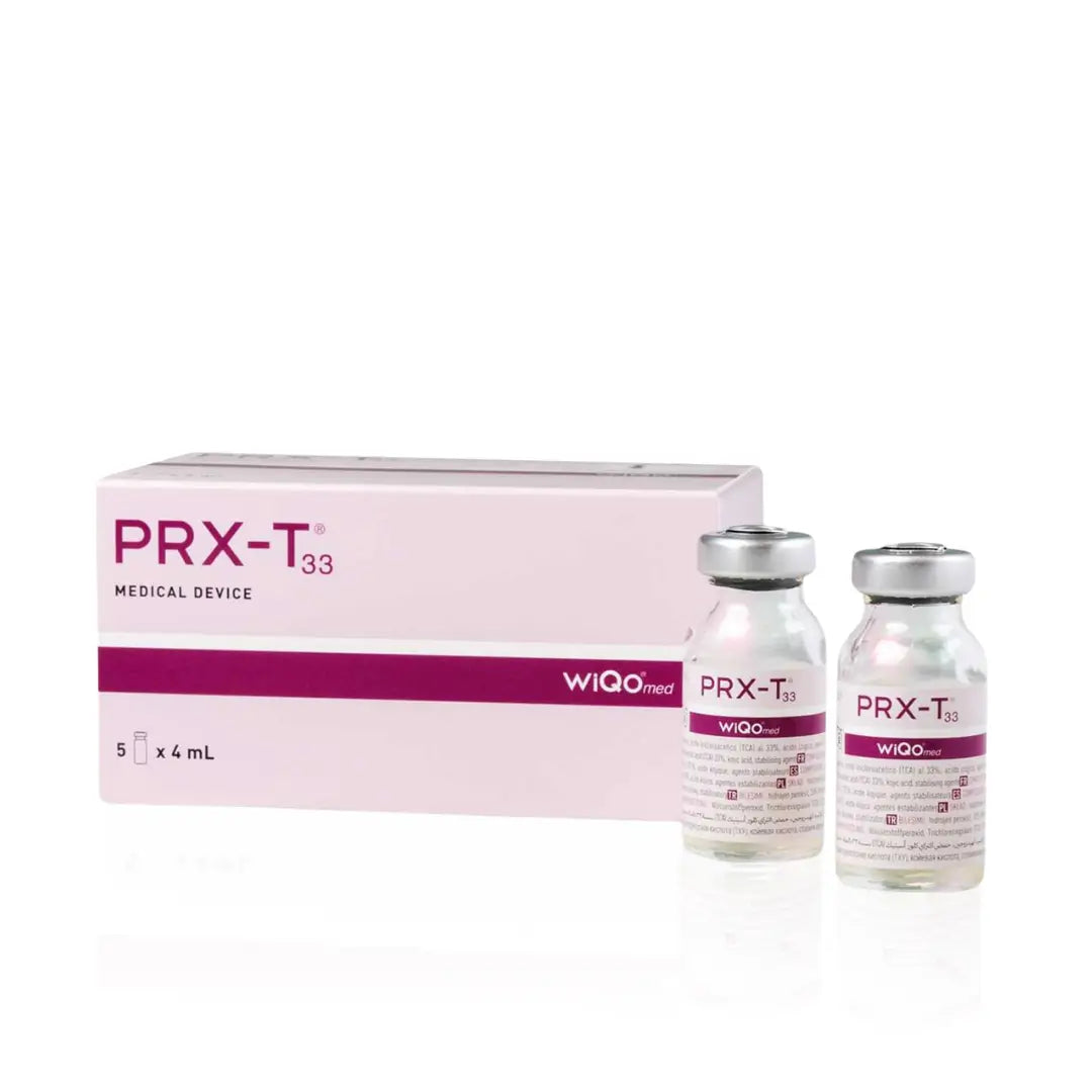 PRX-T33 peel set includes 5 vials (4ml each), a gentle solution to enhance skin glow, improve elasticity, and reduce the look of scars and stretch marks.